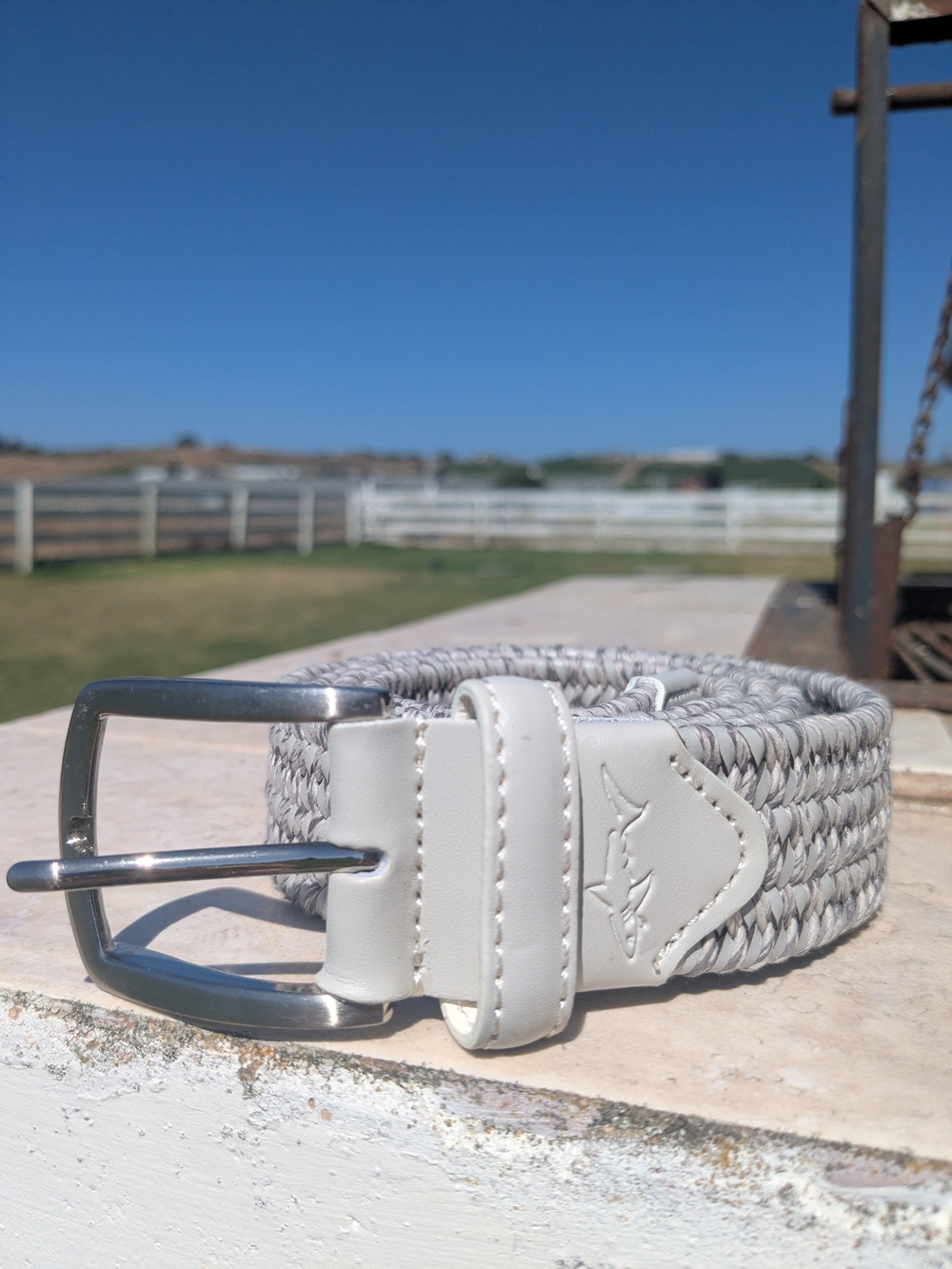 Greg Norman Collection Light Grey Woven Leather-Trim Belt